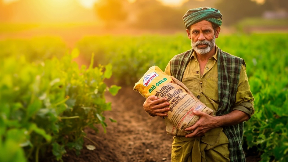 An Indian farmer standing proudly in a lush green organic farm, holding a sack labeled ‘Bharat Bio Gold’ made of natural materials like jute. The background shows healthy crops, earthworms in soil, and a sunrise symbolizing hope and sustainability