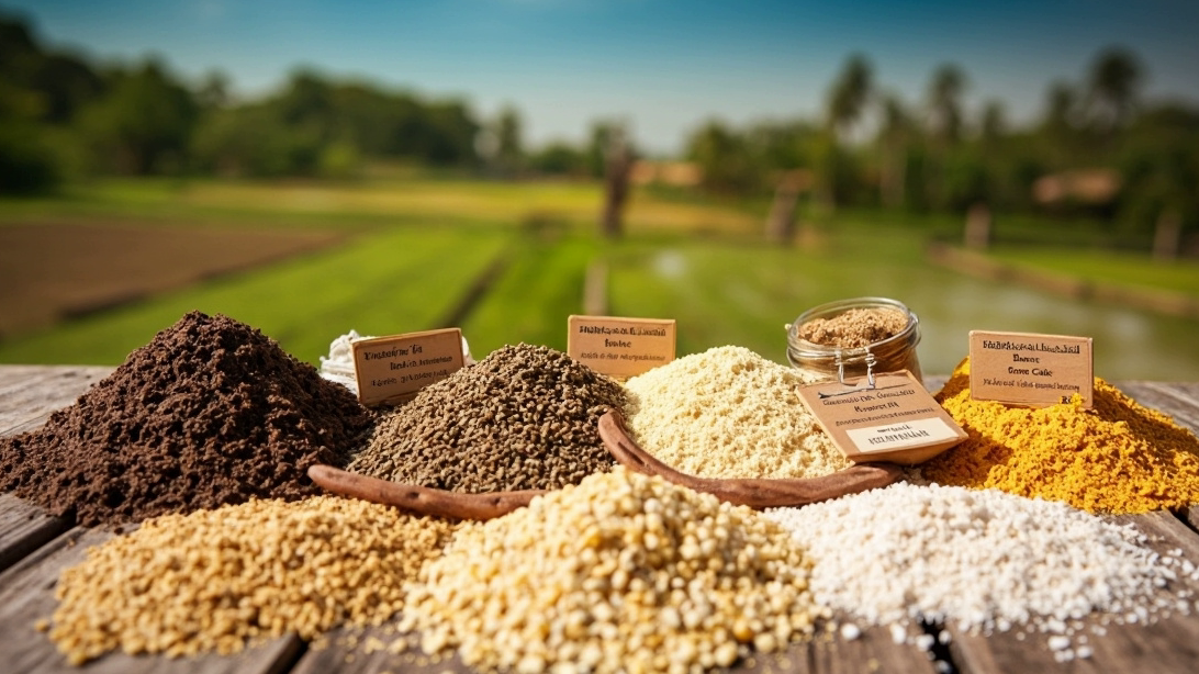 A detailed flat lay of Bharat Bio Gold ingredients on a wooden table – neat piles of vermicompost, neem khali, bone powder, mustard cake, Trichoderma, Pseudomonas, and Mycorrhiza, each labeled naturally, with a rustic Indian farm setting in the background.