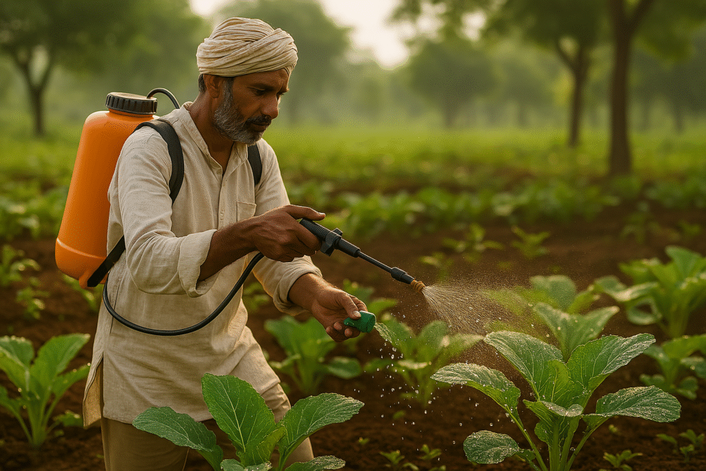 A farmer in traditional attire spraying diluted vermiwash on green vegetable plants using a hand sprayer during early morning sunlight