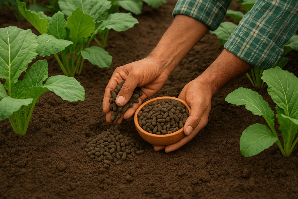 Farmer mixing neem khali into organic farm soil with healthy green vegetable plants around – organic farming and soil enrichment visual