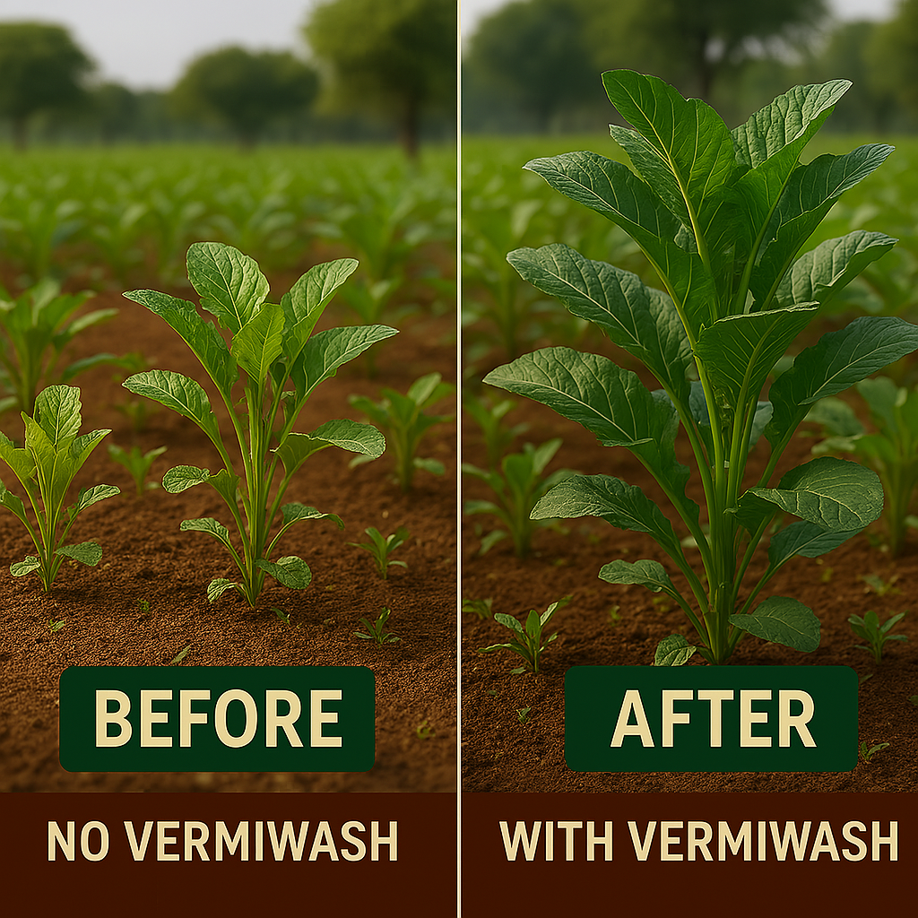 Split-image showing crop difference: one side with stunted, pale plants (no vermiwash use), the other with tall, healthy, dark green crops (after using vermiwash). Sunny farm background, visible soil contrast, and text labels "Before" and "After".