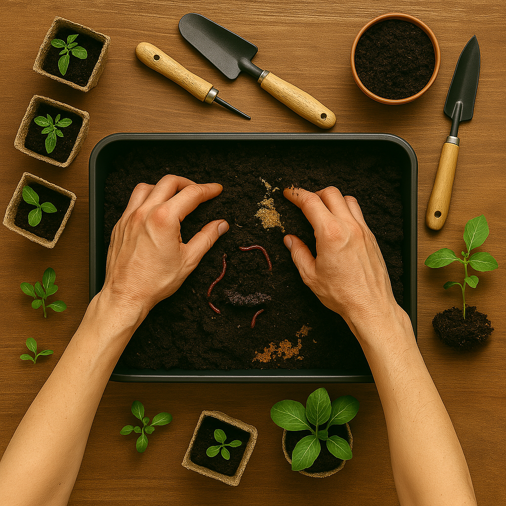 Top-view flat lay of a gardener’s hands mixing vermicompost for plant with potting soil in a tray, surrounded by tools and seedlings"